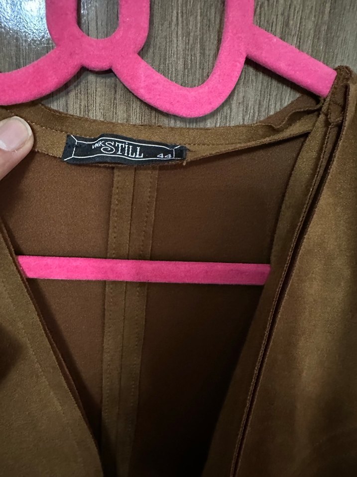 Kahverengi Süet Nakışlı Uzun Kadın Yelek - Görsel 4