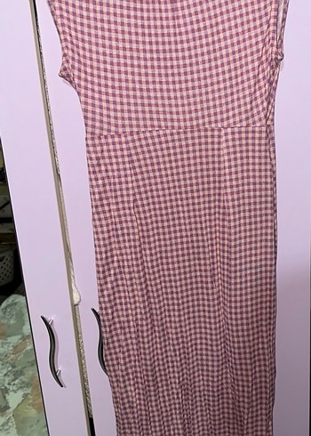 Pembe Kareli Midi Bohem V Yaka Elbise - Görsel 3