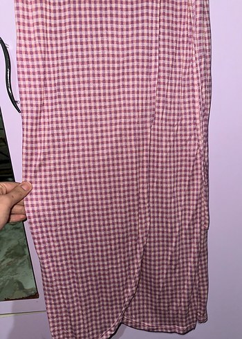 Pembe Kareli Midi Bohem V Yaka Elbise - Görsel 4