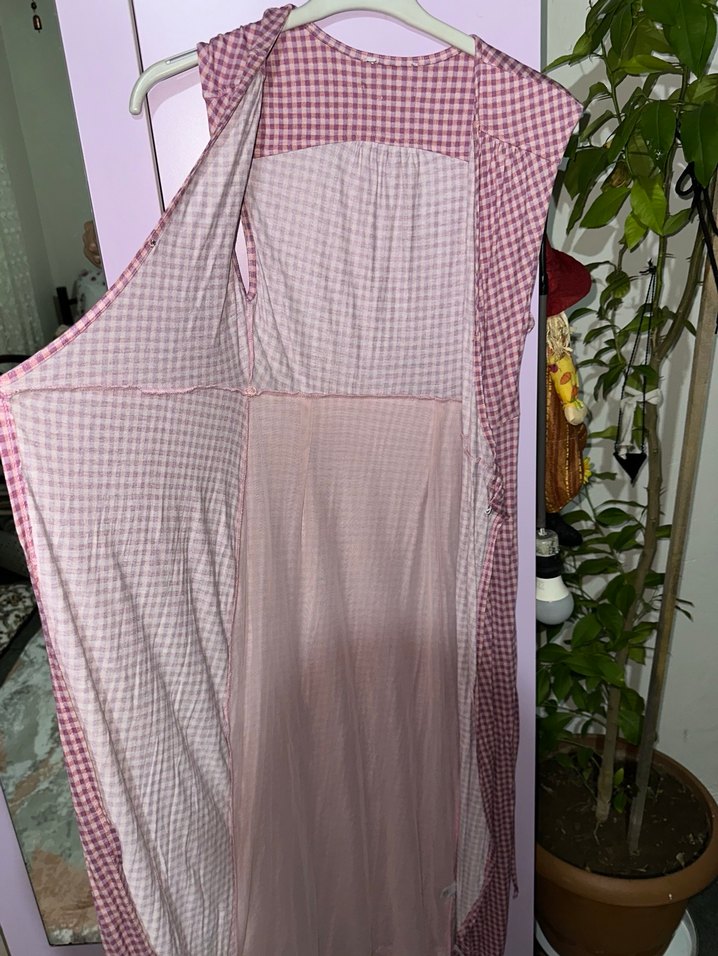 Pembe Kareli Midi Bohem V Yaka Elbise - Görsel 2