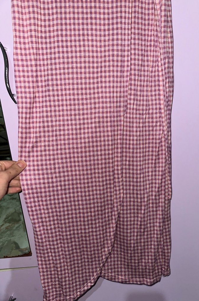 Pembe Kareli Midi Bohem V Yaka Elbise - Görsel 4