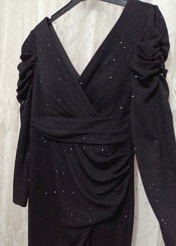 Uzun Kollu Drapeli Siyah Abiye Elbise - Görsel 2