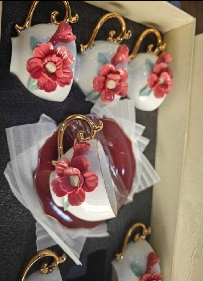 Çiçek Detaylı Altın Saplı Fincan Seti - Görsel 2