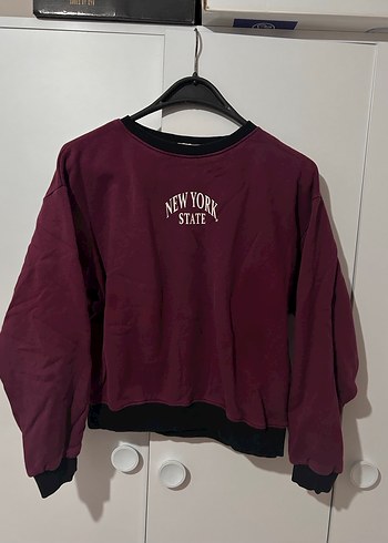 Bordo Kadın Sweatshirt, Bisiklet Yaka, Salaş - Görsel 2