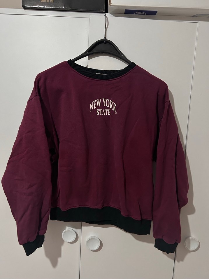 Bordo Kadın Sweatshirt, Bisiklet Yaka, Salaş - Görsel 2