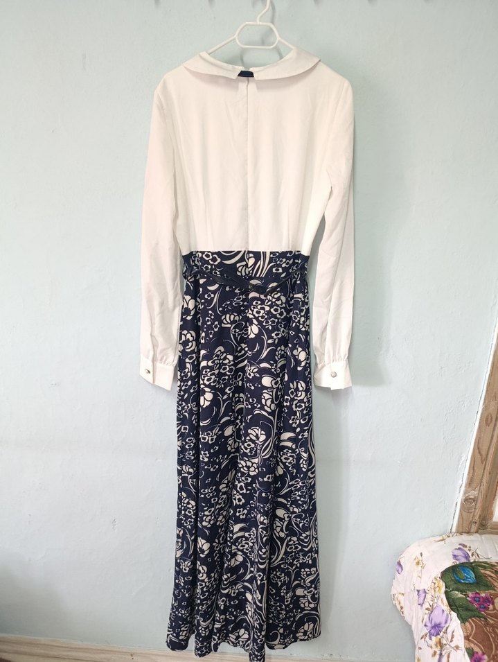 Uzun Kol Drapeli Bohem Lacivert Elbise - Görsel 2