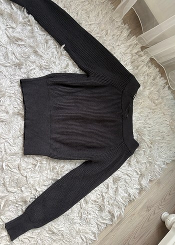 Gri V Yakalı Örgü Kadın Kazak - Görsel 3