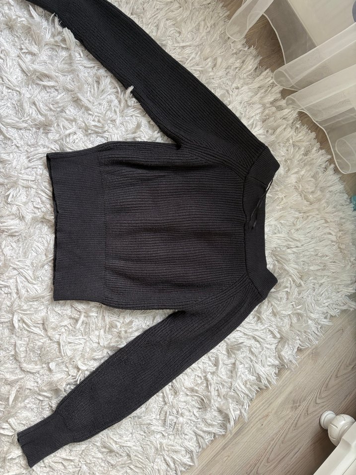 Gri V Yakalı Örgü Kadın Kazak - Görsel 3