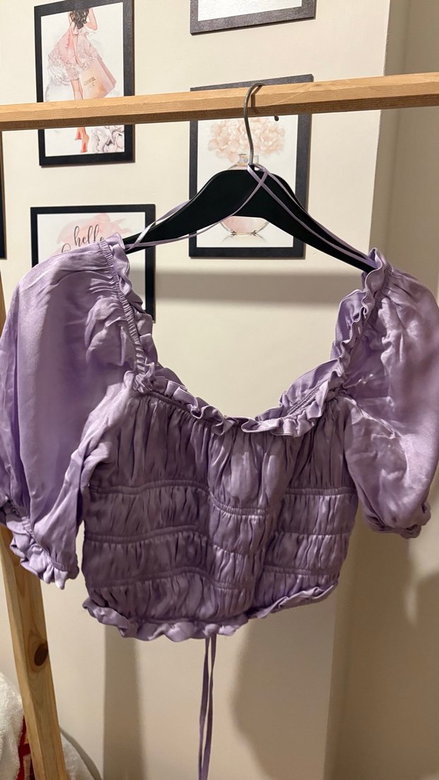 Mor Mini Saten Bluz V Yaka Bluz - Görsel 2