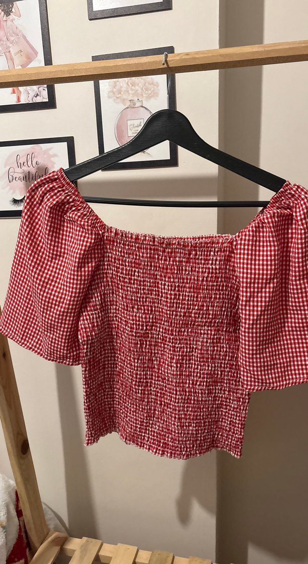 Kısa Kollu Kırmızı Kareli Mini Bluz - Görsel 2