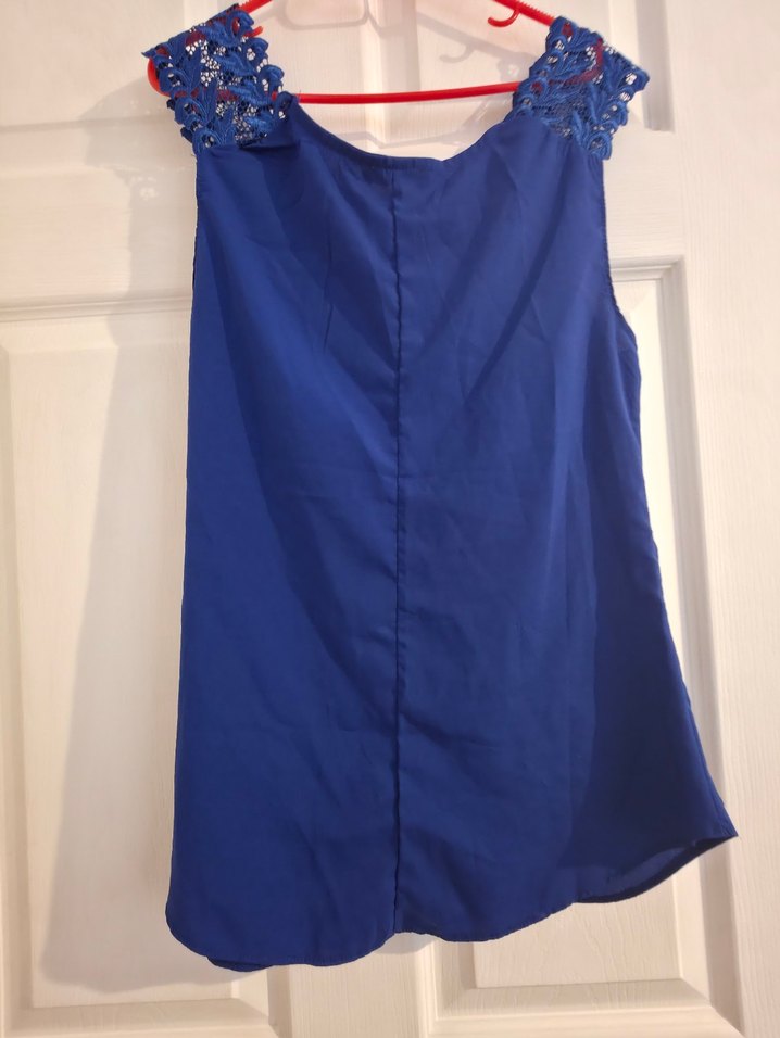 Mavi V Yaka Dantel Detaylı Salaş Bluz - Görsel 2