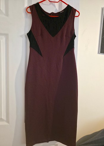 Bordo Uzun V Yaka Kolsuz Kalem Elbise - Görsel 2