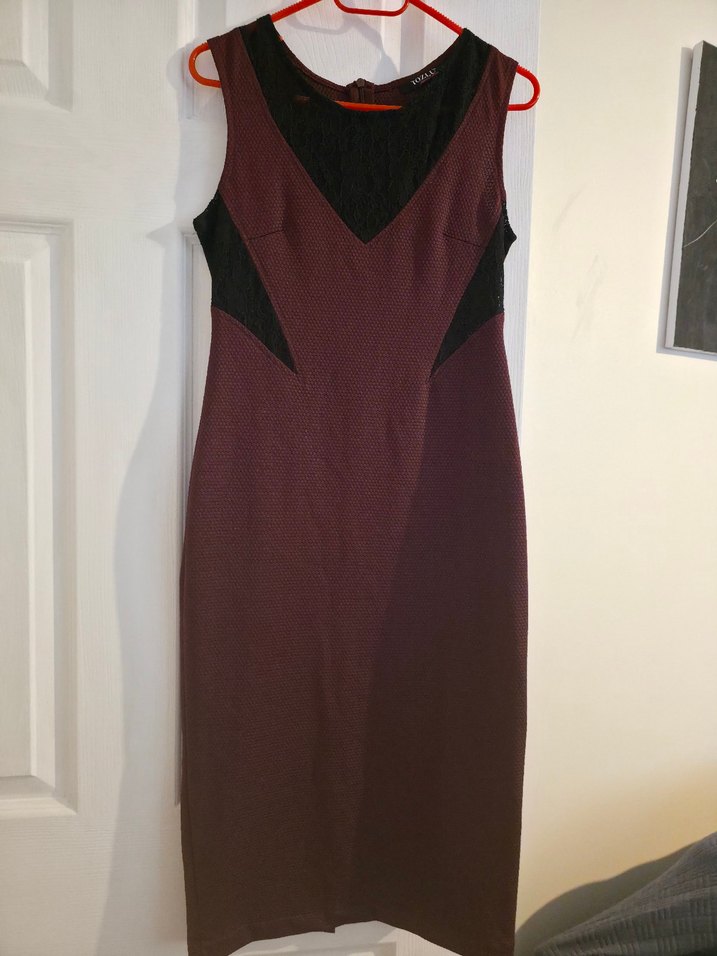 Bordo Uzun V Yaka Kolsuz Kalem Elbise - Görsel 2