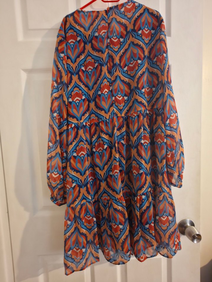 Renkli Bohem Midi Elbise Fırfırlı ve Uzun Kollu - Görsel 2