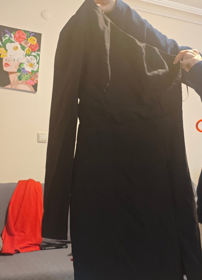 Tek Omuz Drapeli Siyah Midi Elbise - Görsel 2