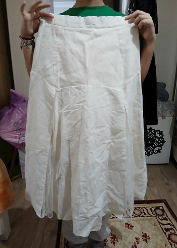 Beyaz Midi Keten Pilili Salaş Etek - Görsel 4