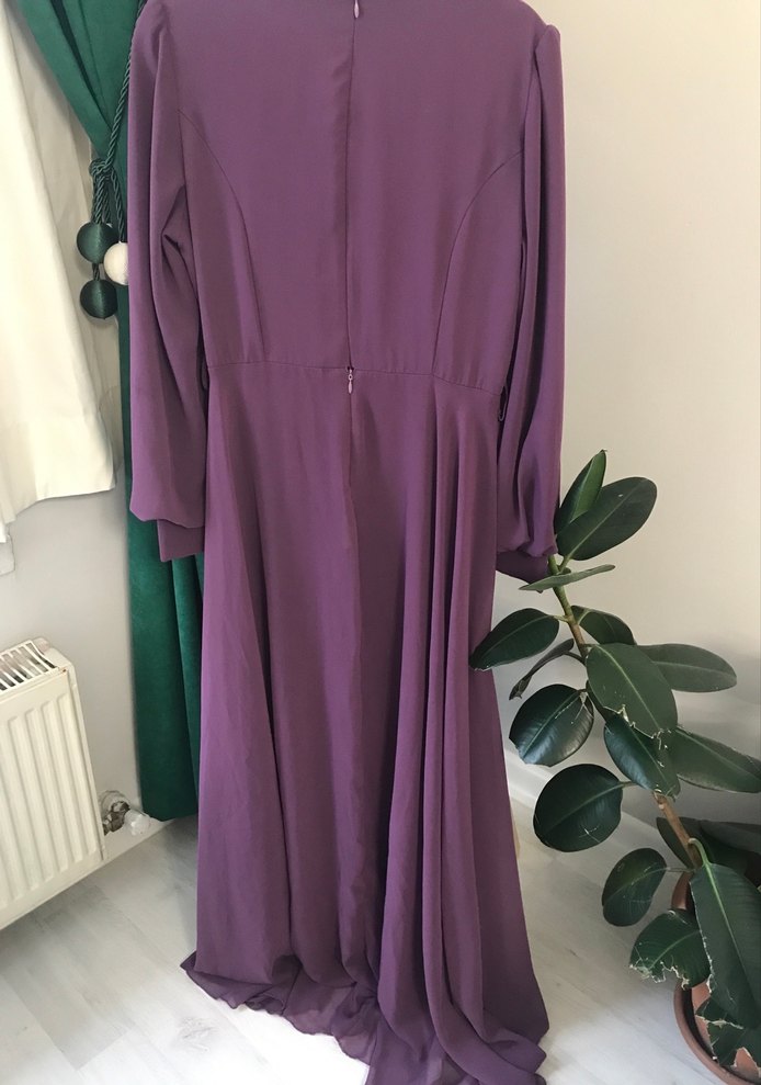 Mor Uzun Kollu V Yakalı Kadın Abiye Elbise - Görsel 3