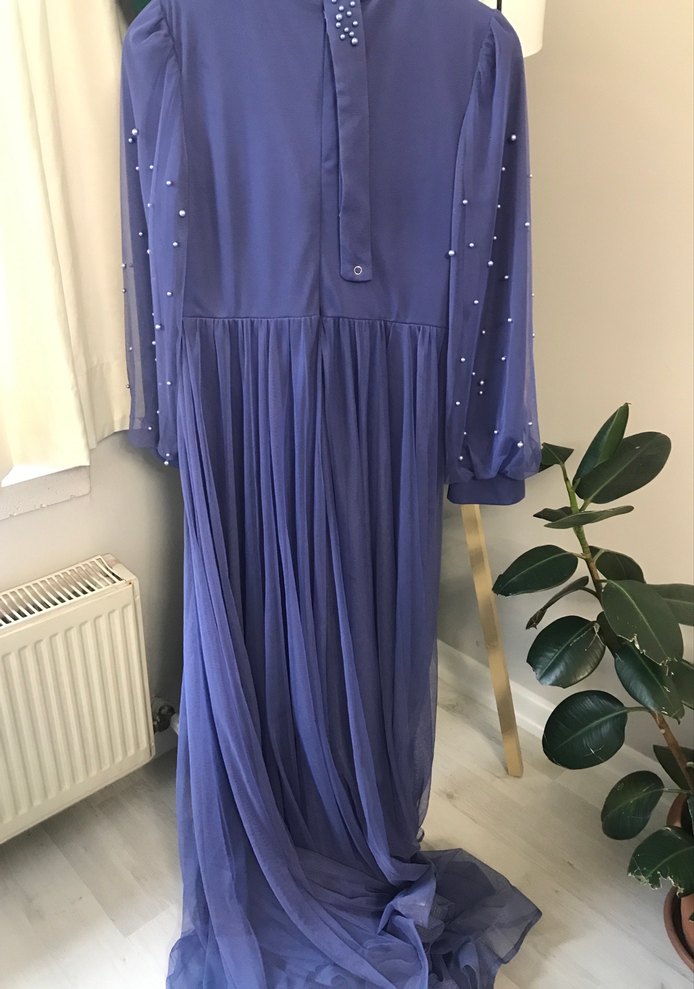 Mor Uzun Kollu Drapeli Abiye Elbise - Görsel 3