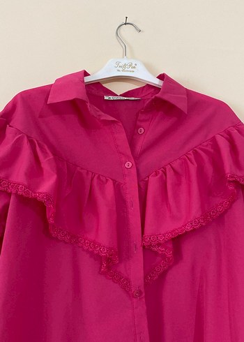 Pembe Fırfırlı Uzun Kollu Kadın Gömlek - Görsel 2