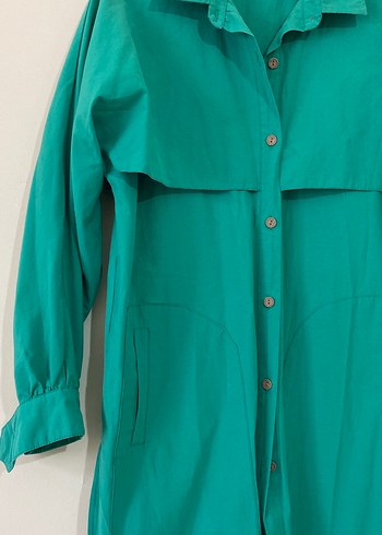 Düğmeli Uzun Kollu Yeşil Keten Gömlek - Görsel 2