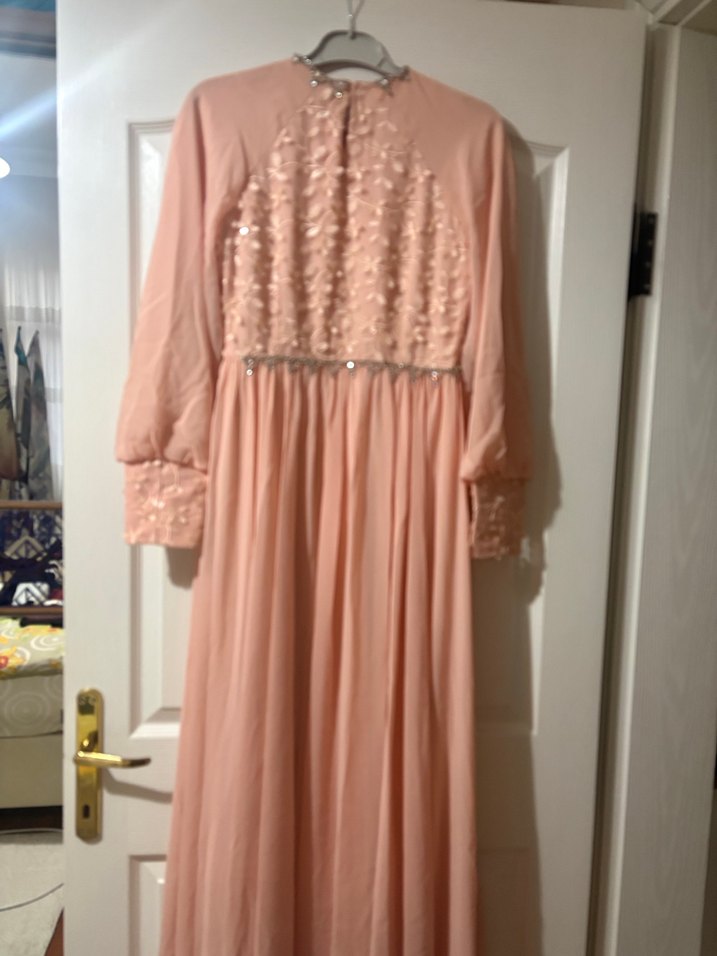 Pudra Tesettür Uzun Kollu Kadın Abiye Elbise - Görsel 2