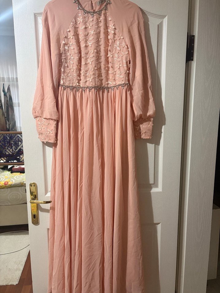 Pudra Tesettür Uzun Kollu Kadın Abiye Elbise - Görsel 3