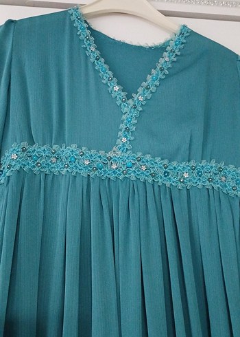 Narin İşlemeli Turkuaz Uzun Bohem Elbise - Görsel 2