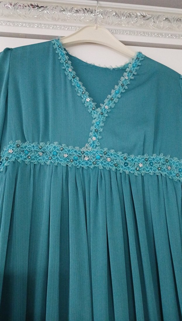 Narin İşlemeli Turkuaz Uzun Bohem Elbise - Görsel 2