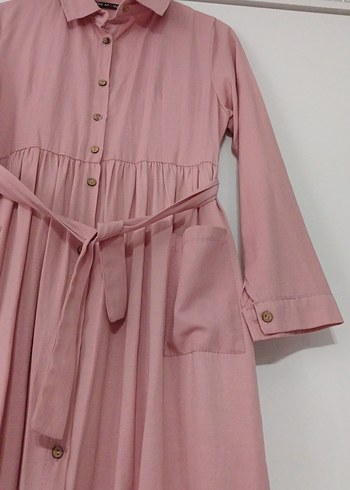 Pembe Keten Uzun Düğmeli Elbise - Görsel 2