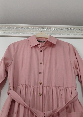 Pembe Keten Uzun Düğmeli Elbise - Görsel 3