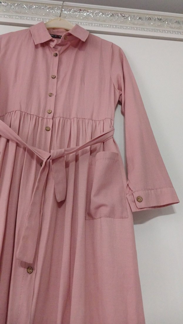 Pembe Keten Uzun Düğmeli Elbise - Görsel 2