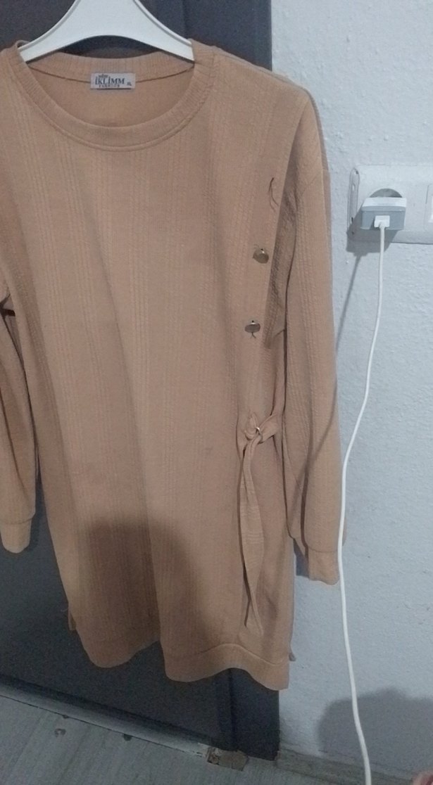 Bej Uzun Kollu Düğmeli Kadın Triko Elbise - Görsel 3