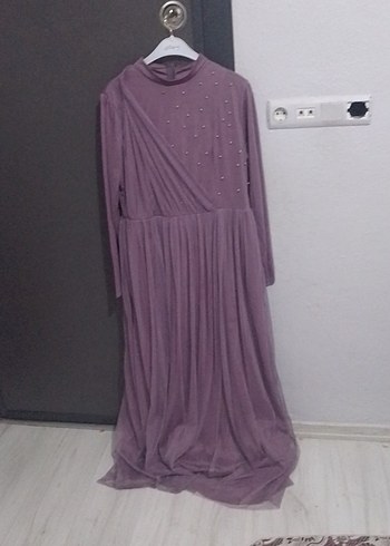 Uzun Kollu Mor Kadın Abiye Elbise - Görsel 2