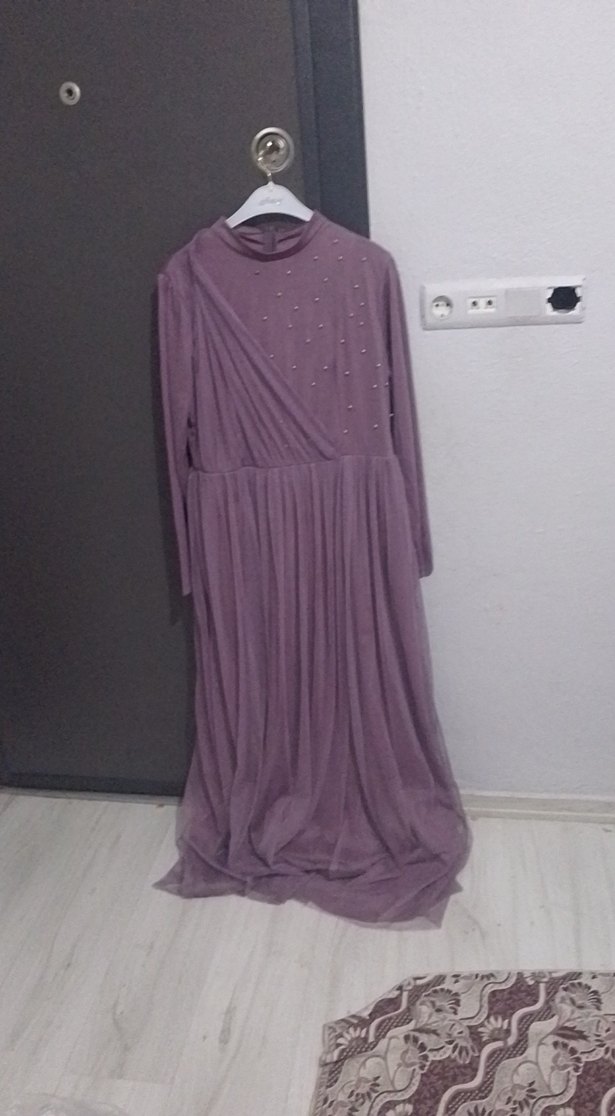 Uzun Kollu Mor Kadın Abiye Elbise - Görsel 2