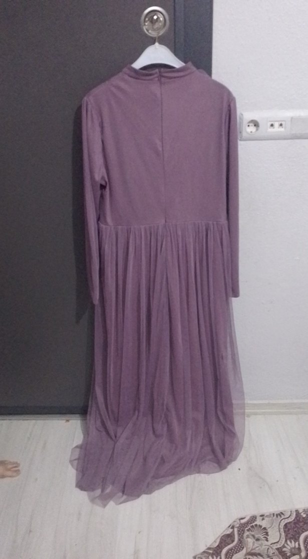 Uzun Kollu Mor Kadın Abiye Elbise - Görsel 3