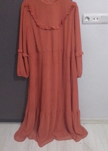 Uzun Kollu Kahverengi Keten Uzun Elbise - Görsel 2