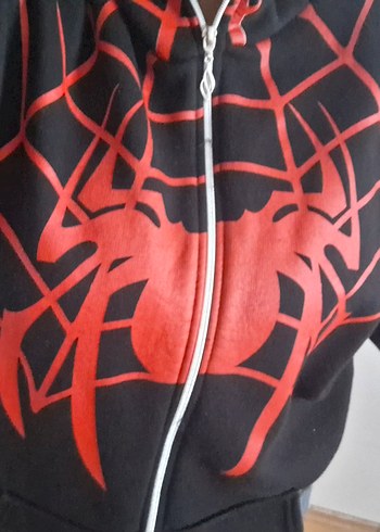 Kırmızı Baskılı Kapüşonlu Fermuarlı Sweatshirt - Görsel 3