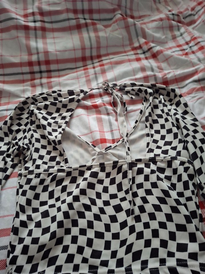 Kadın V Yaka Kareli Uzun Kollu Bluz arkası dekolteli - Görsel 2