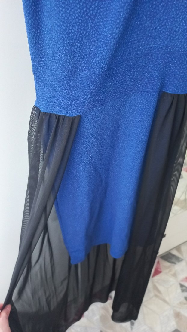 Uzun Lacivert Straplez Drapeli Abiye Elbise S beden - Görsel 3