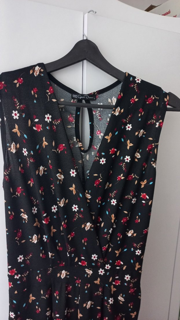 Çiçek Desenli V Yaka cepli tulum L beden - Görsel 2