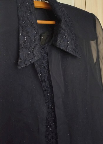 Lacivert sıfır kol üstüne tül ceket detaylı abiye elbise - Görsel 4