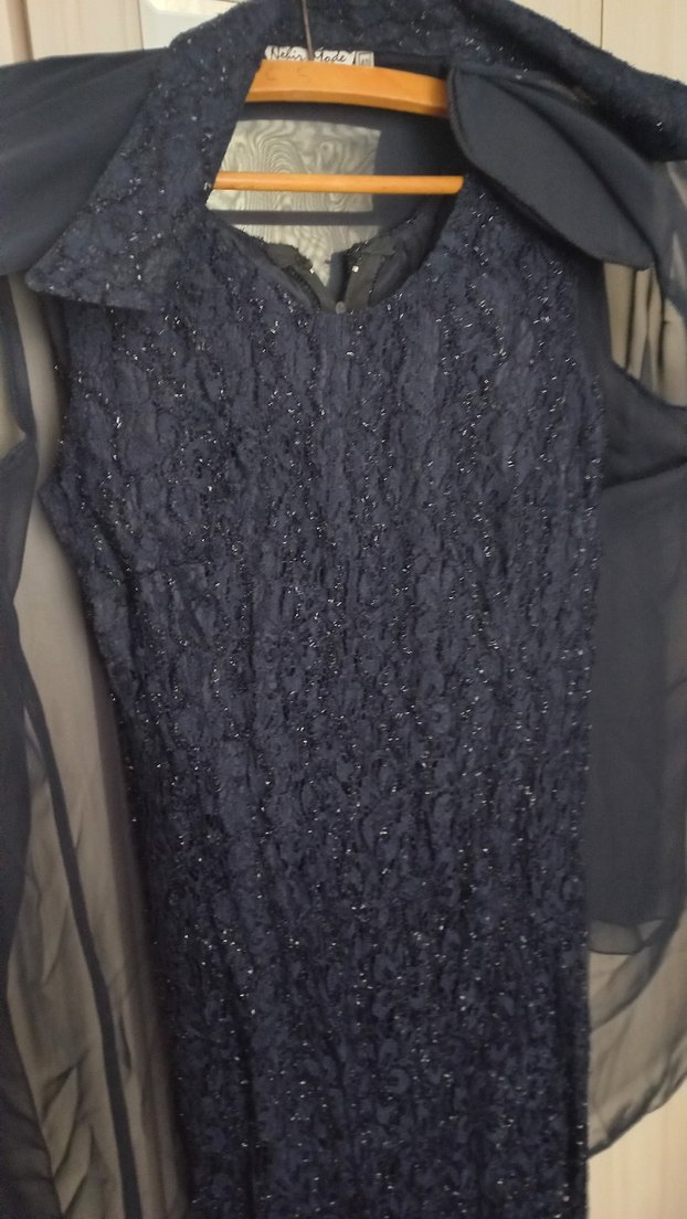 Lacivert sıfır kol üstüne tül ceket detaylı abiye elbise - Görsel 2