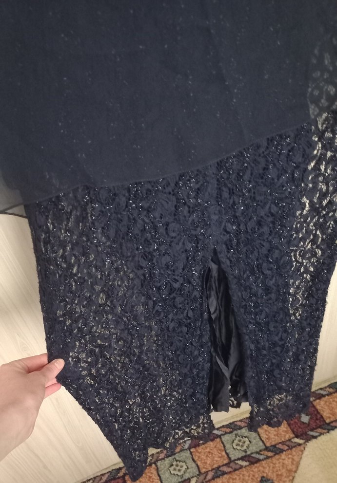 Lacivert sıfır kol üstüne tül ceket detaylı abiye elbise - Görsel 3