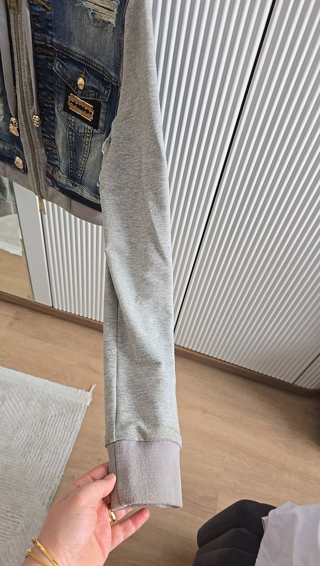 Gri Kapüşonlu Kadın Denim Ceket - Görsel 5