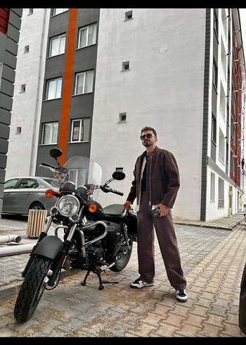 Kahverengi motorcu vintage Biker Ceket - Görsel 3