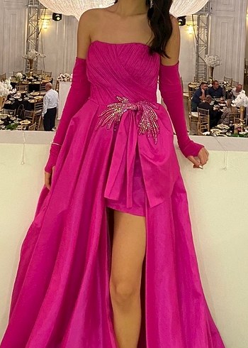 Parlak Pembe Straplez Uzun Abiye Elbise - Görsel 2