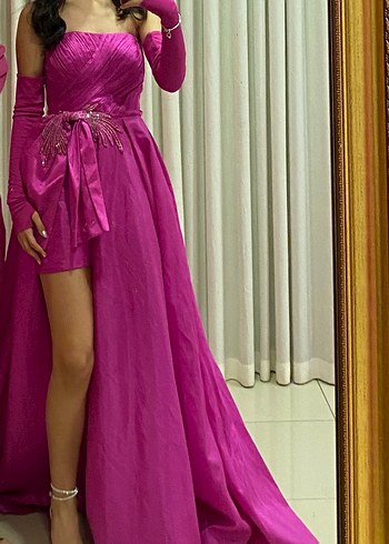 Parlak Pembe Straplez Uzun Abiye Elbise - Görsel 3