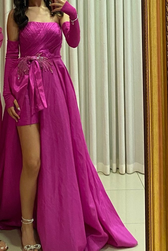 Parlak Pembe Straplez Uzun Abiye Elbise - Görsel 3