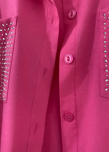 Pembe Parlak Taşlı Uzun Kadın Gömlek - Görsel 4