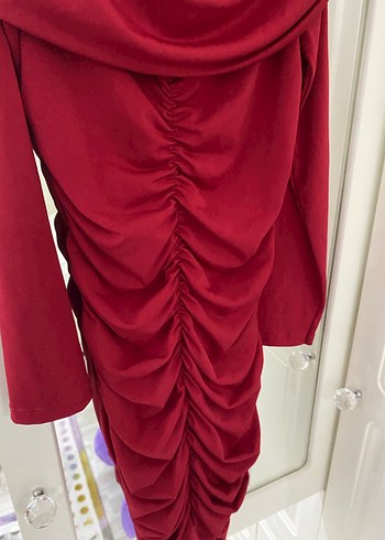 Bordo Drapeli Uzun Kollu Kadın Abiye Elbise - Görsel 3